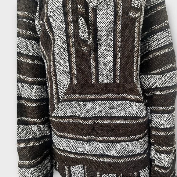 Authentic Mexican Baja woven pullover hoodie boxy wide stripes black gray WomenM - Picture 4 of 12